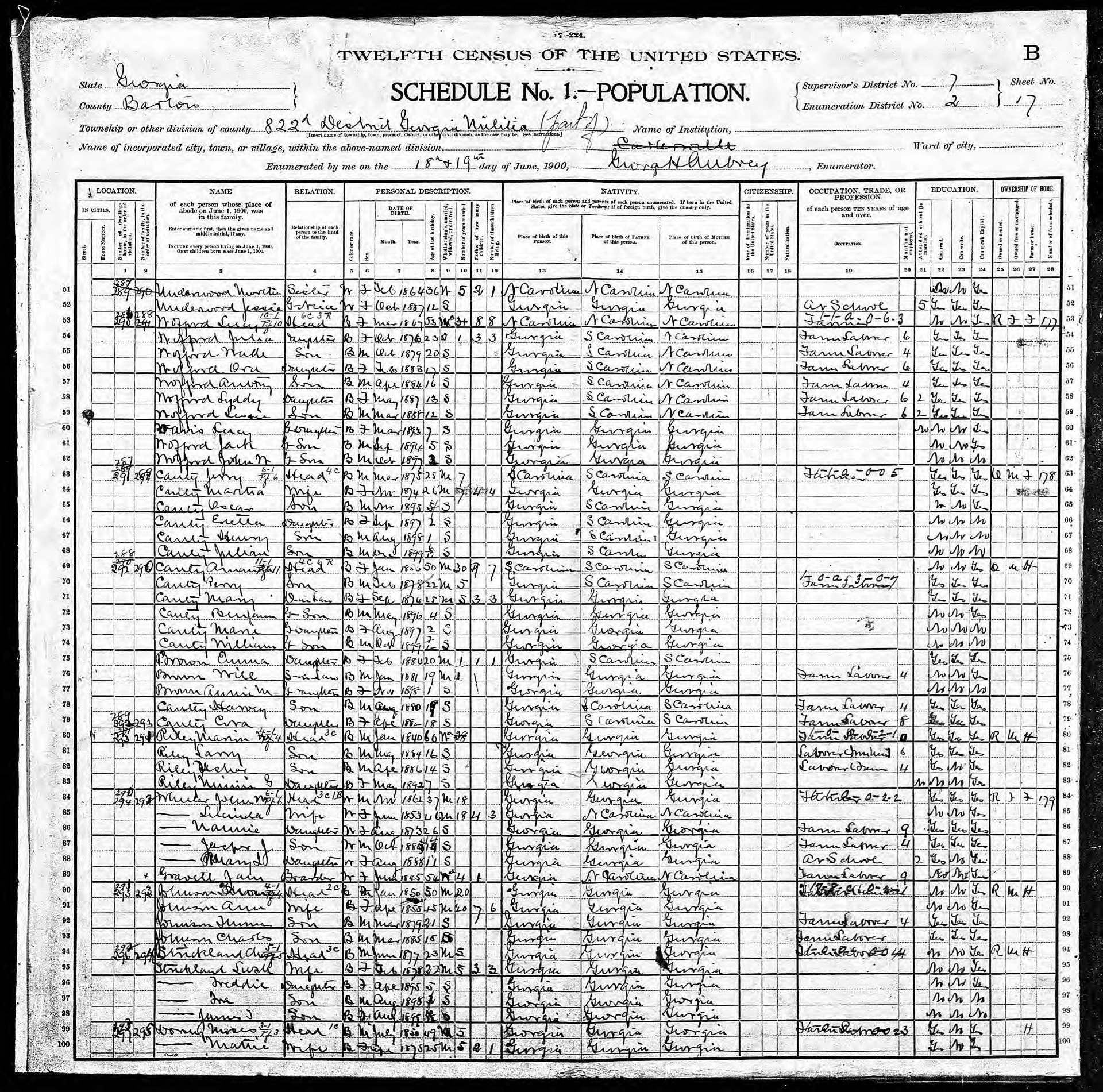 1900 U.S. Census record for the Canty family in Cartersville, Georgia