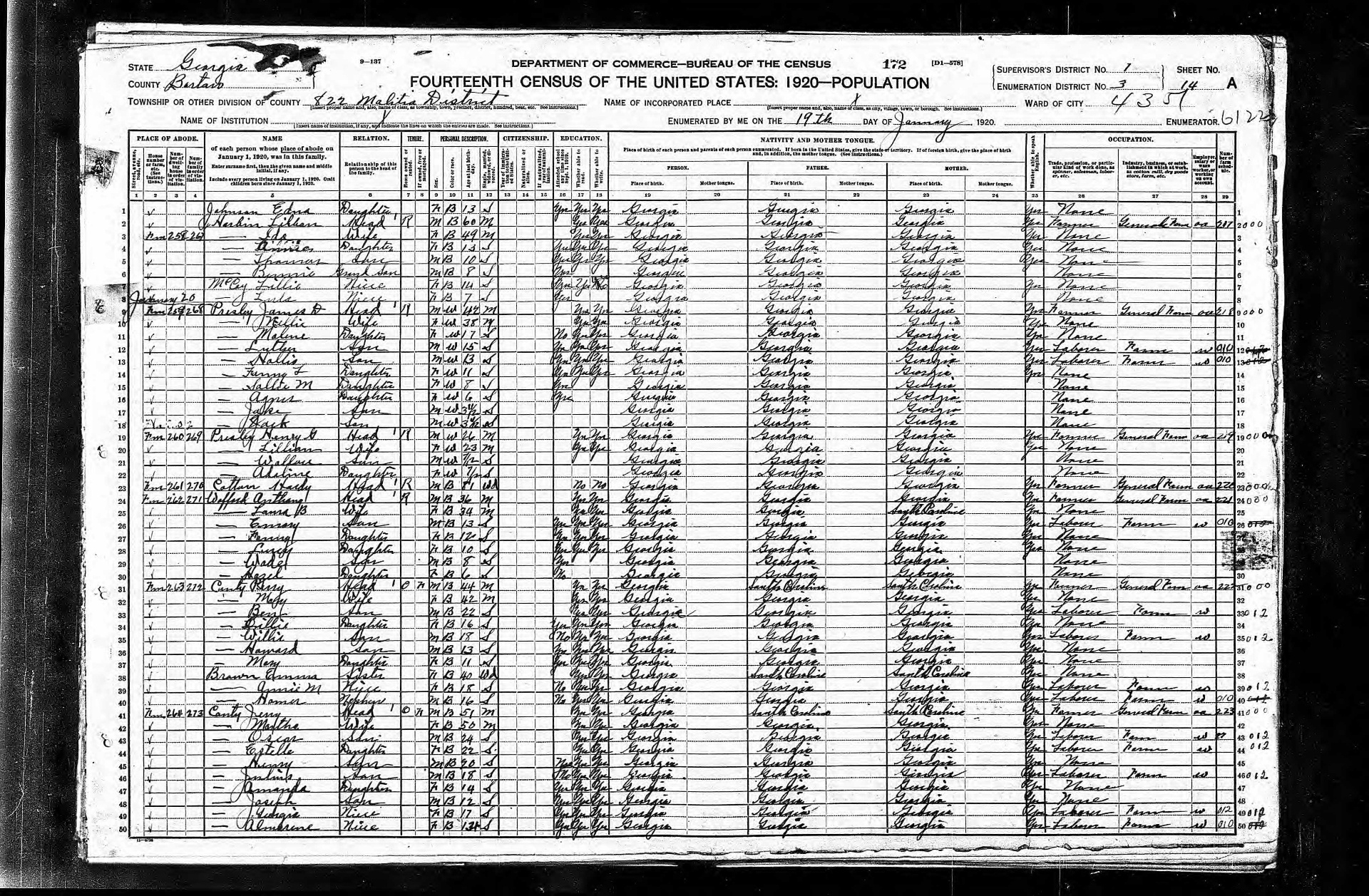 1920 U.S. Census record for the Canty family in Bartow County, Georgia
