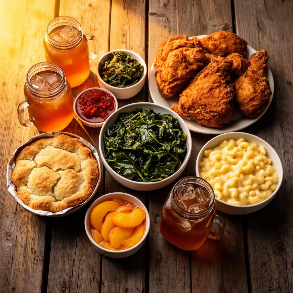 Soul food spread on a wooden picnic table