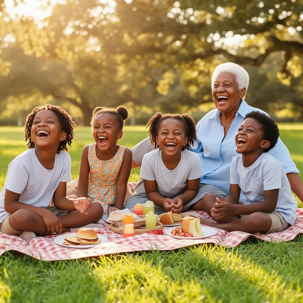 Children laughing with their grandmother at the family picnic